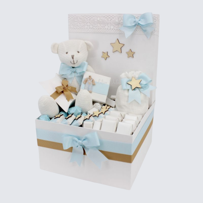 BABY BOY TEDDY & STARS DECORATED CHOCOLATE EXTRA LARGE HAMPER	 	