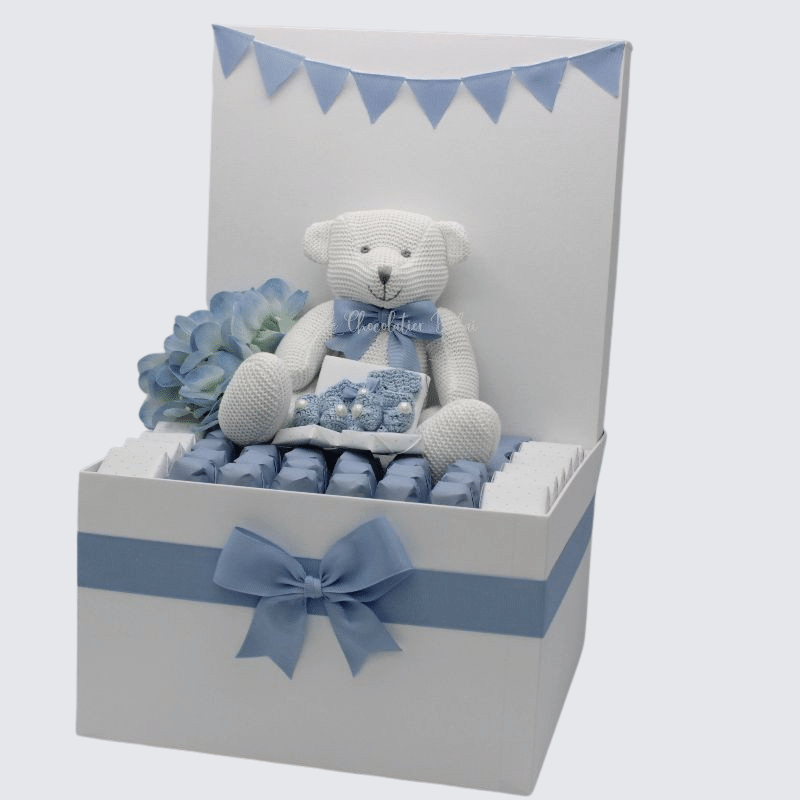 BABY BOY TEDDY DECORATED CHOCOLATE EXTRA LARGE HAMPER	 	