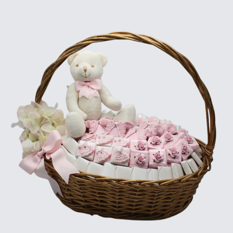 LUXURY BABY GIRL CROCHET DECORATED CHOCOLATE LARGE BASKET	 	