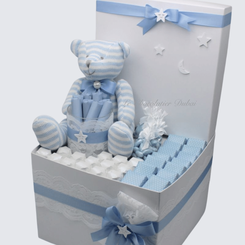 BABY BOY TEDDY DECORATED CHOCOLATE EXTRA LARGE HAMPER	 	