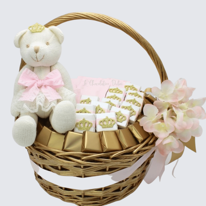 TEDDY BEAR CROWN BABY GIRL CHOCOLATE LARGE BASKET