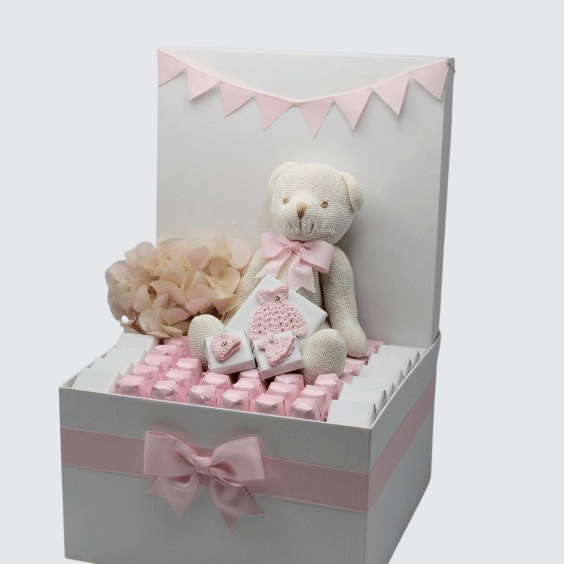 BABY GIRL TEDDY DECORATED CHOCOLATE EXTRA LARGE HAMPER	