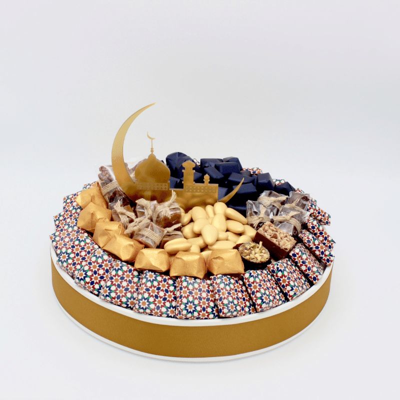 RAMADAN EID DECORATED CHOCOLATE & SWEETS ROUND LEATHER TRAY