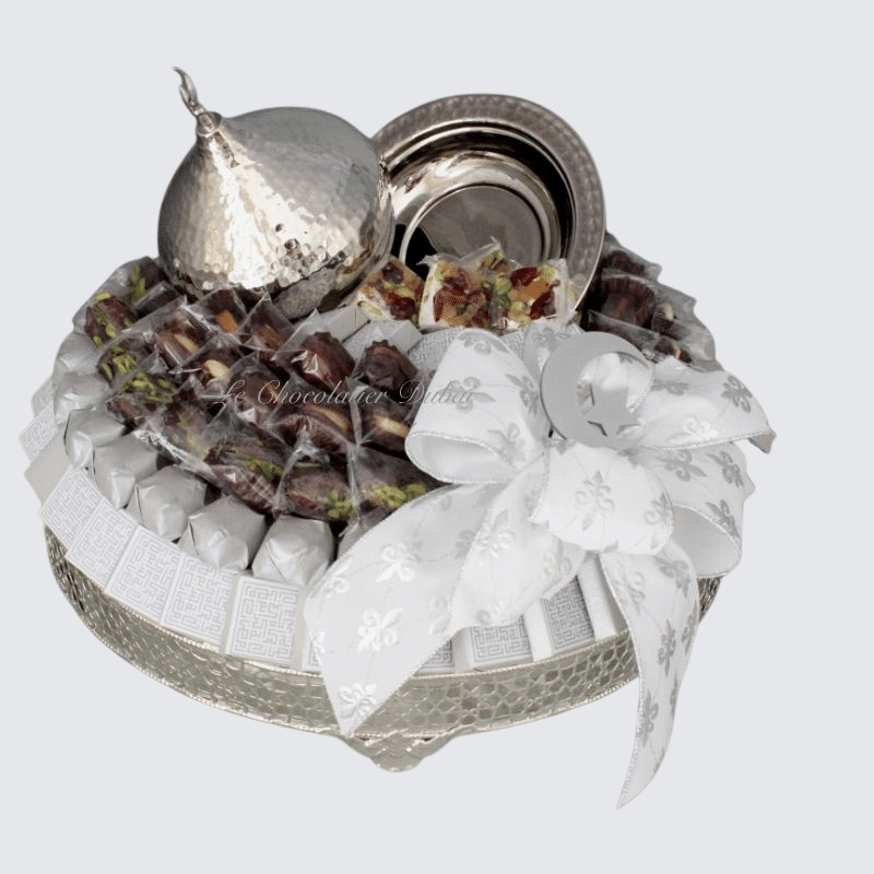 LUXURY RAMADAN CHOCOLATE DATES & SWEETS METALLIC ROUND TRAY