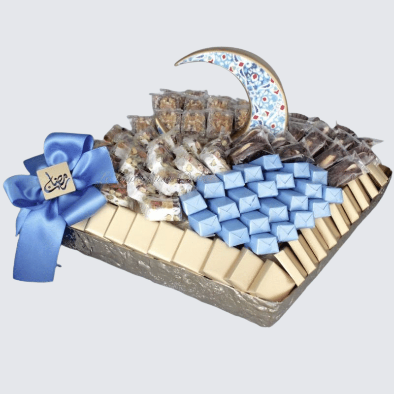 RAMADAN EID DECORATED CHOCOLATE  & SWEETS METALLIC SILVER TRAY